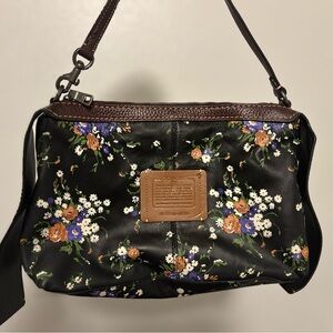 Floral Black Leather Shoulder Bag
